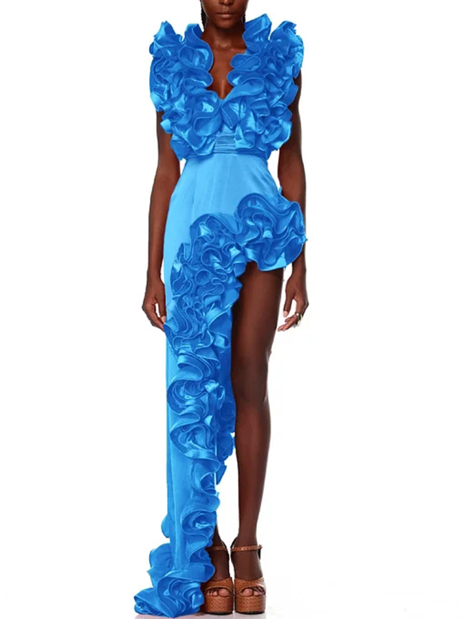 Frilled V Neck One Piece Swimsuit and Skirt