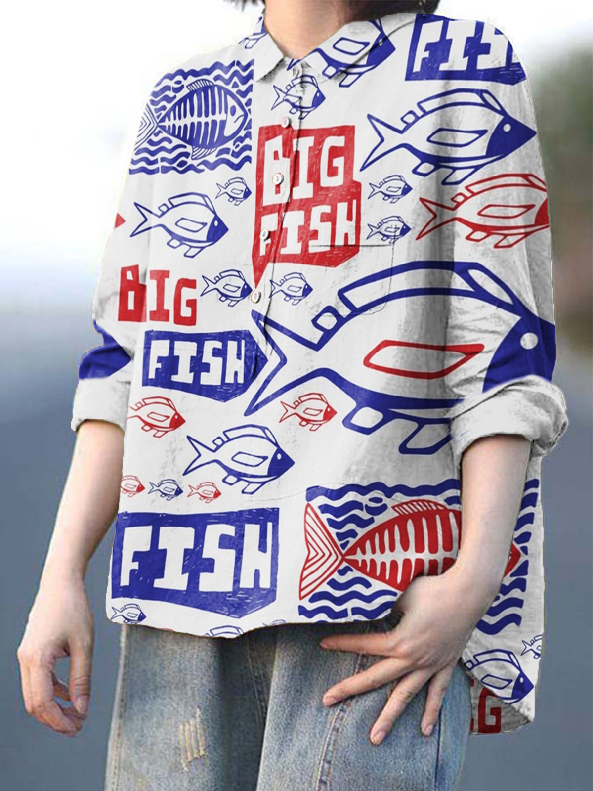 Women's Big Fish Print Casual Cotton And Linen Shirt
