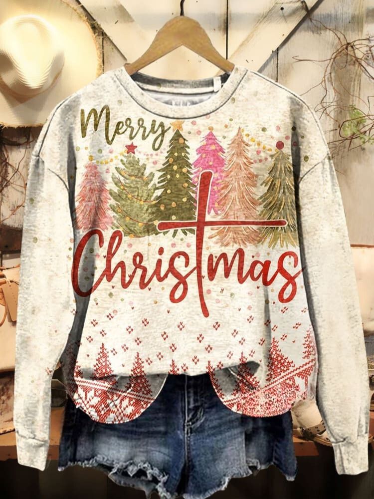 Women's Retro Merry Christmas Vibe Pattern Print Casual Sweatshirt