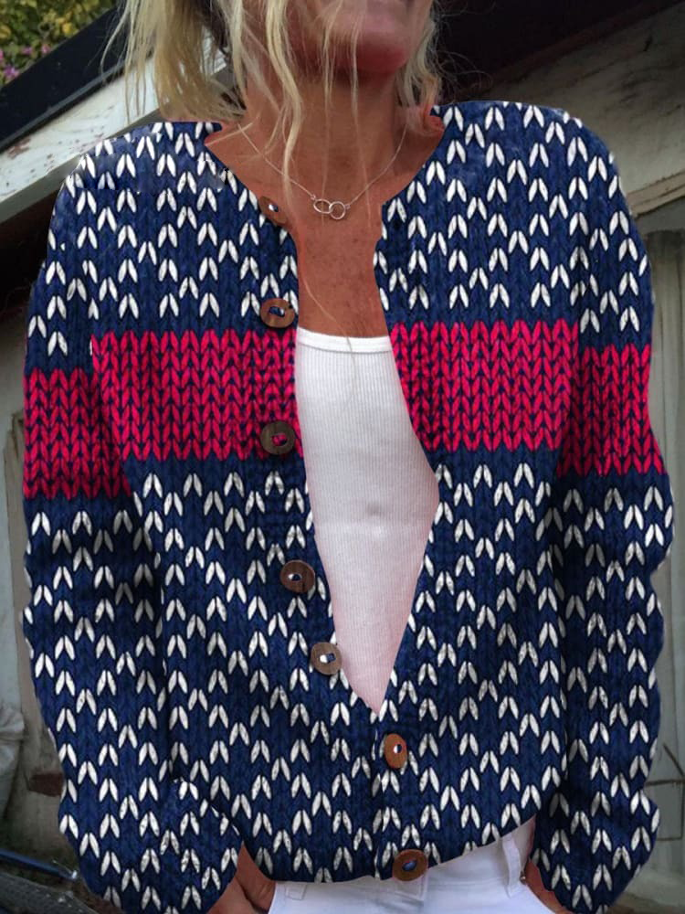 Retro Geometric Art Print Buttoned Cardigan Sweater