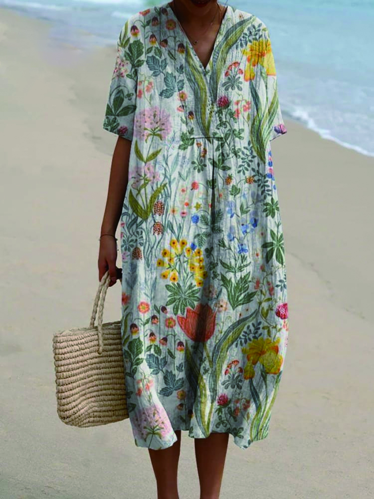 Women's Vintage Lovely Floral Art Print Casual Flowy Dress