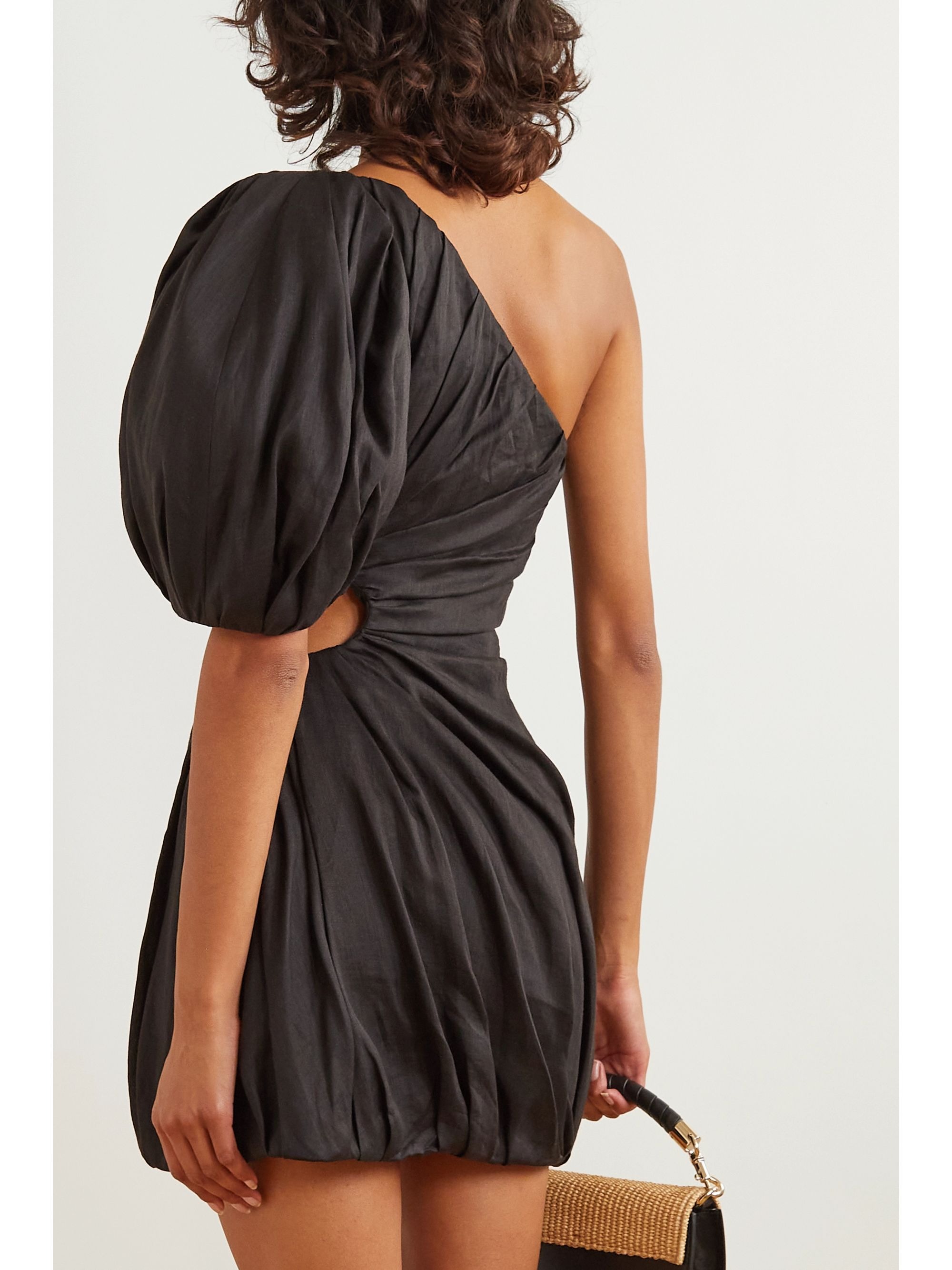 One-shoulder Cutout Gathered Ramie Mini Dress