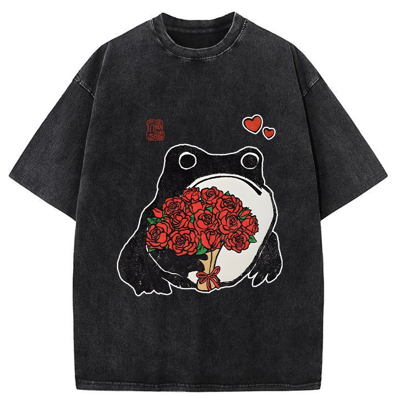 Romantic Frog Holding Roses Washed T-Shirt