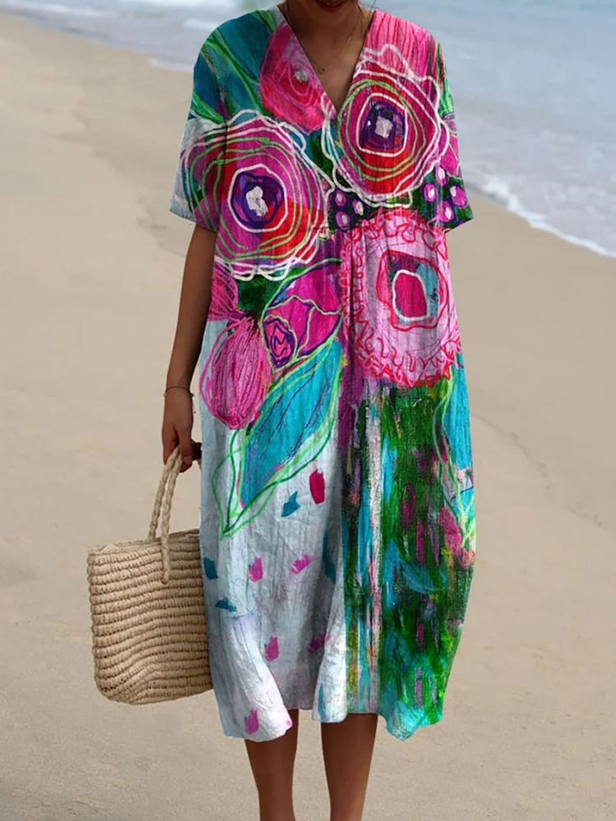 Women's Vintage Floral Art Print Flowy Dress