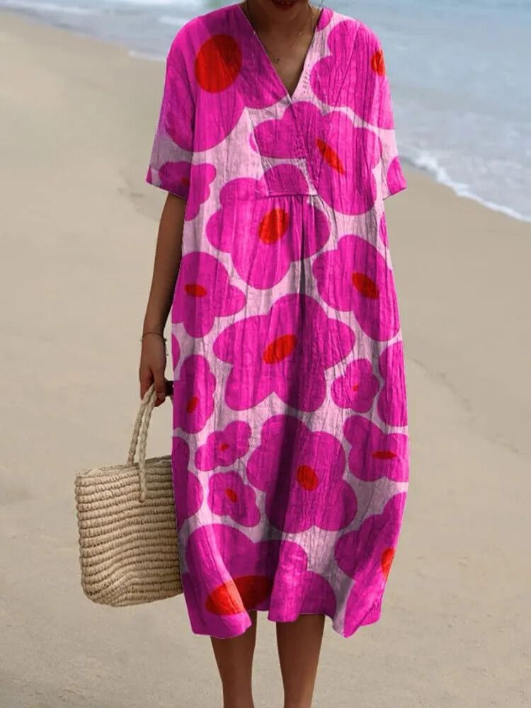 Vibrant Pink Floral Pattern Printed Women's Flowy Dress