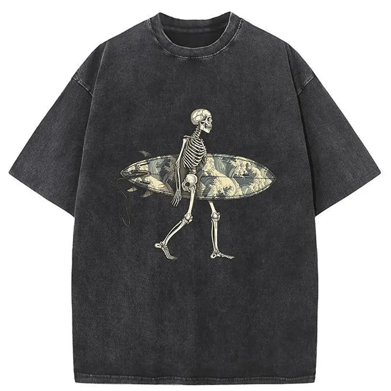   Skeleton Ready To Go Surfing Washed T-Shirt