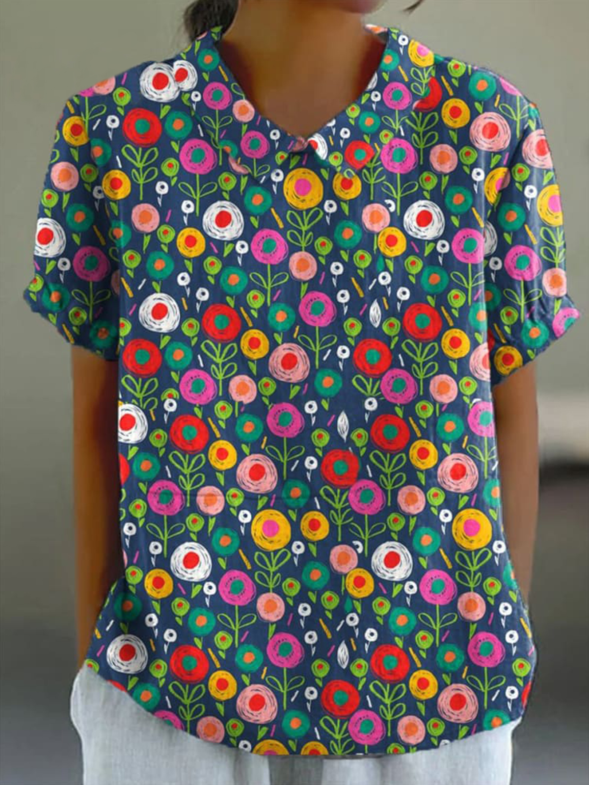 Women's  Flower  Art Print Casual Cotton And Linen Shirt