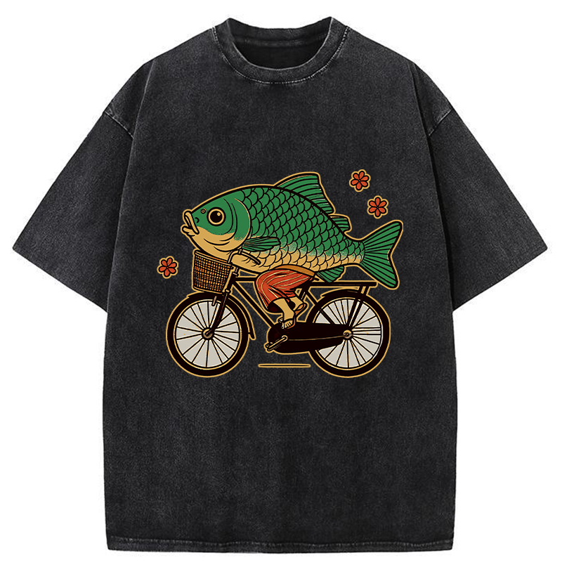 Funny Fish Riding A Bicycle Washed T-Shirt