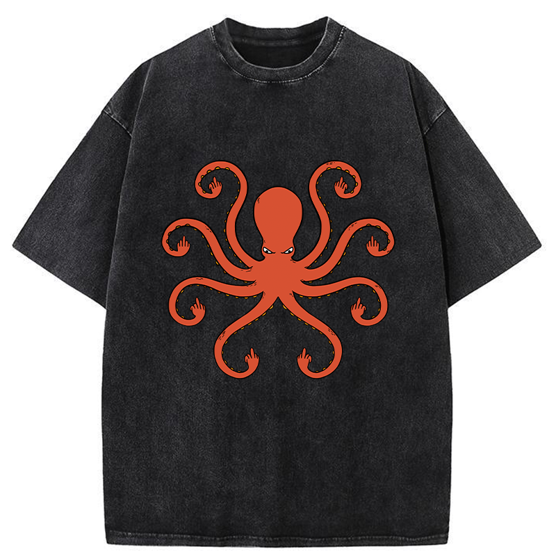 Octopus Give The Middle Finger Washed T-Shirt