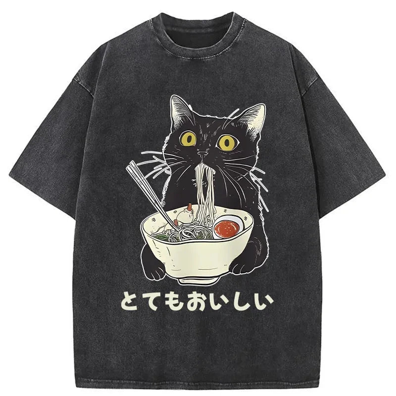 Cats Eat Ramen Noodles Washed T-Shirt