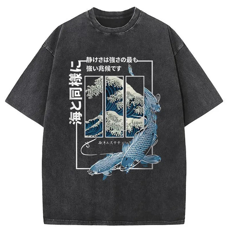 Ukiyoe Waves And Fish Washed T-Shirt