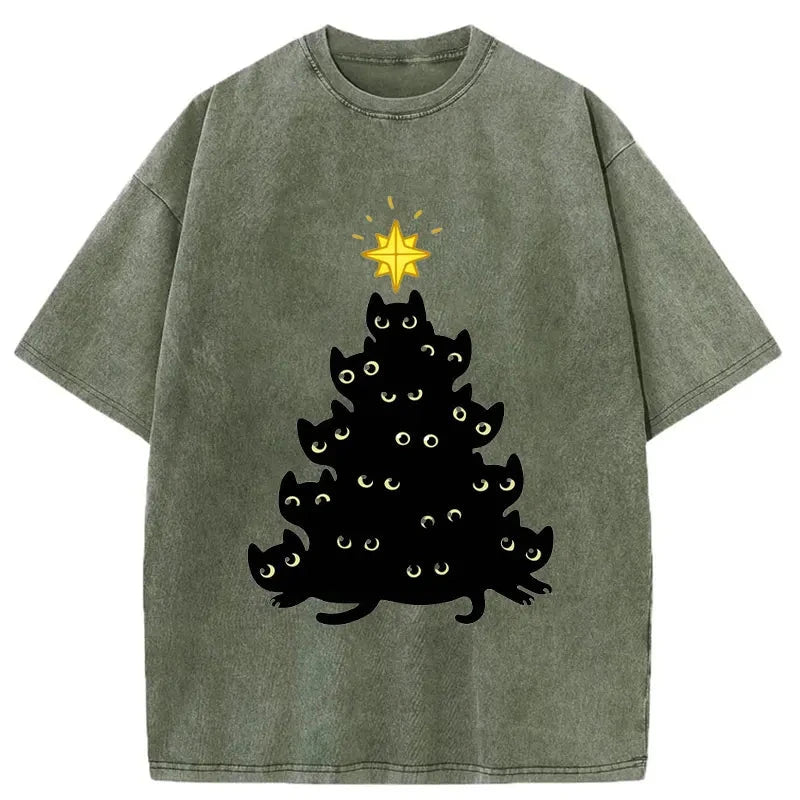   Black Cat Christmas Tree Washed T-Shirt