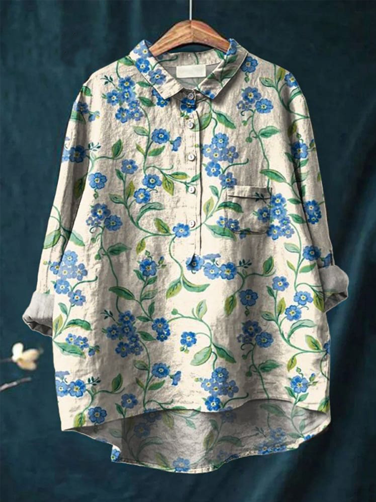 Vintage Lovely Floral Art Print Casual Cotton And Linen Shirt