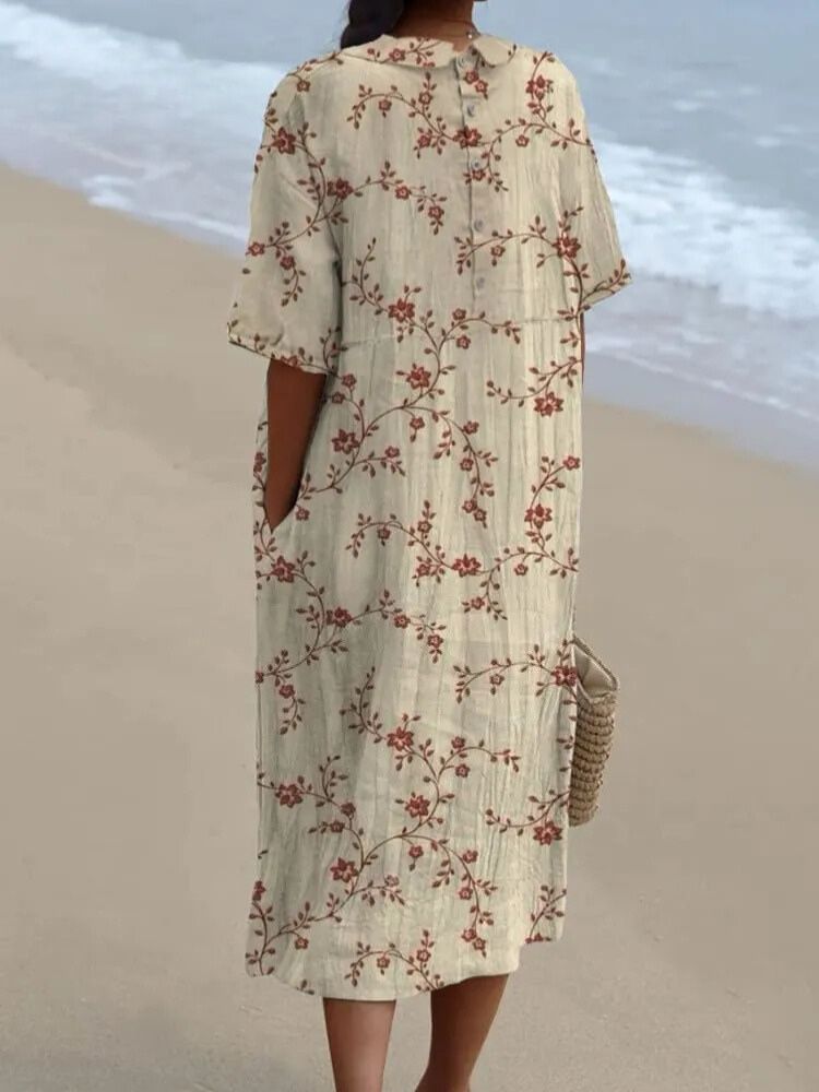 Women's Vintage Floral Art Print Pocket Linen Dress（Convertible Dress With Front And Back Option）