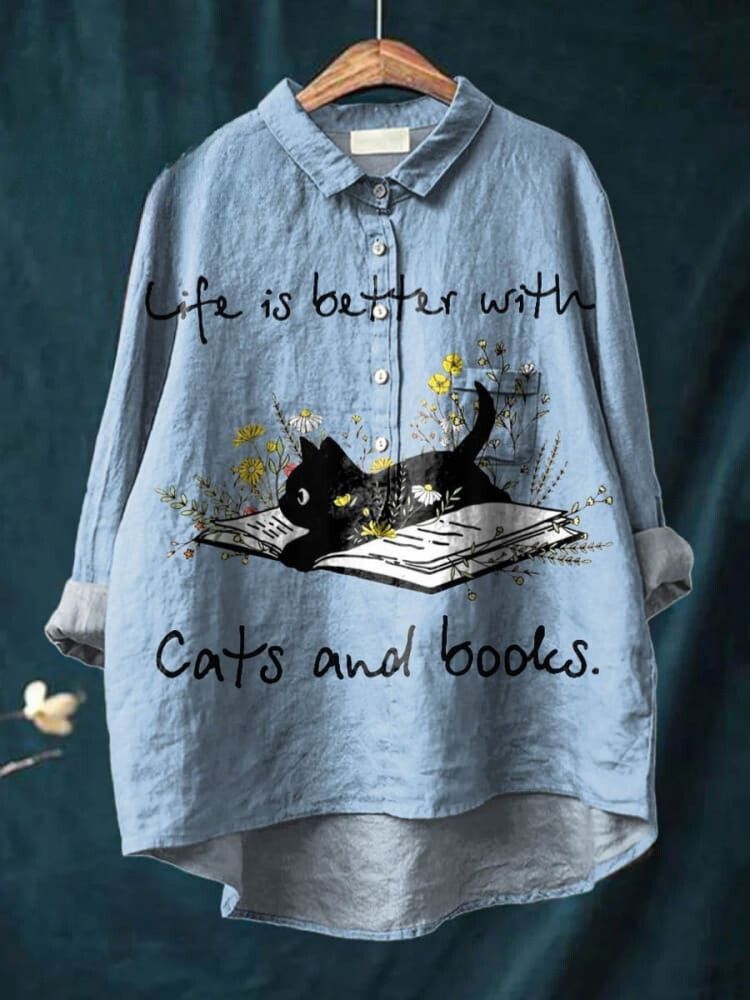 Life Is Better With Cats And Books Art Print Casual Cotton And Linen Shirt