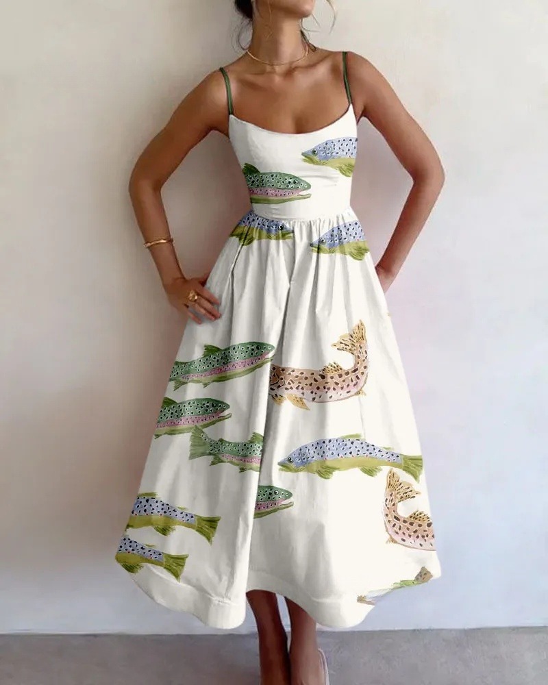 Vintage Fishs Print Suspender Dress