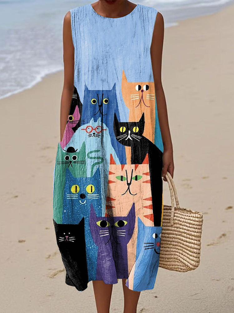 Women's Fashion Colorblock Cat Art Print Sleeveless Dress
