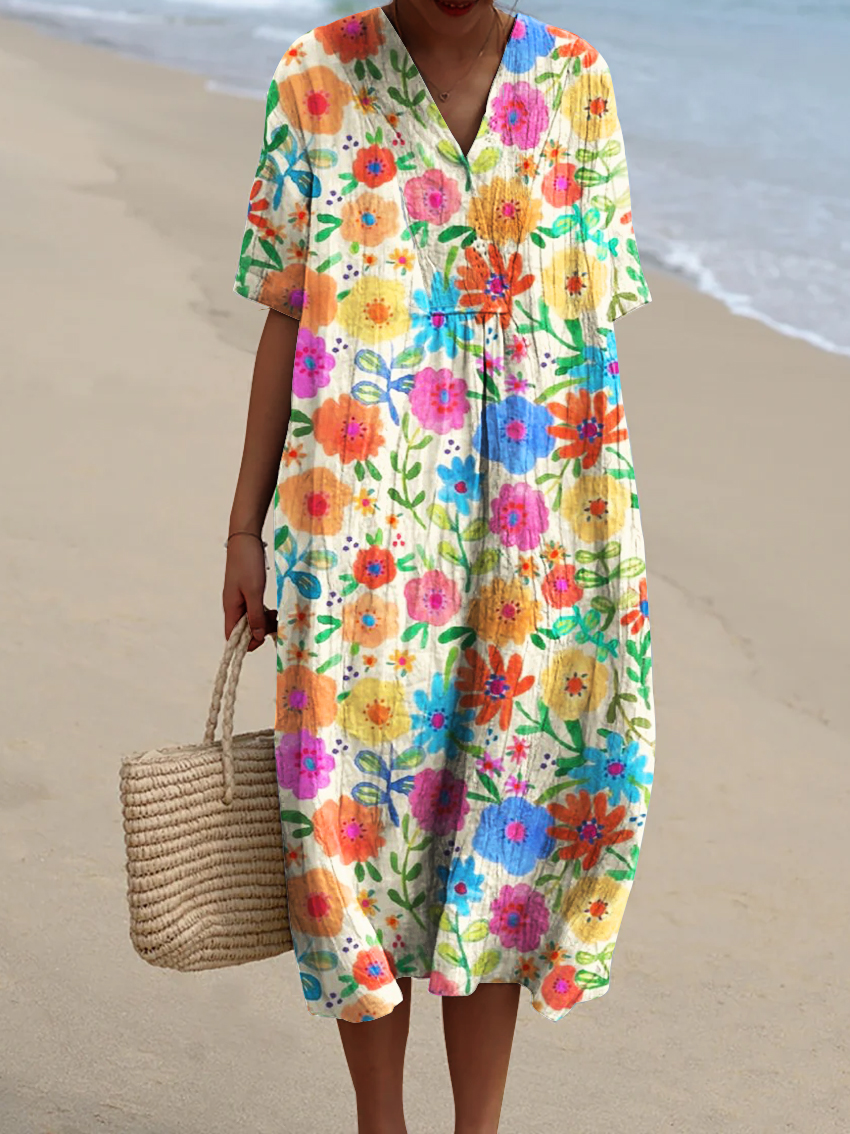 Women's Colorful Flower Painting Art Print Flowy Dress