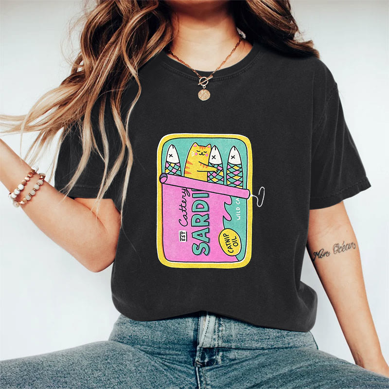 100% Cotton Women's Cute Cat Holding Sardines Art Print Casual T-shirt
