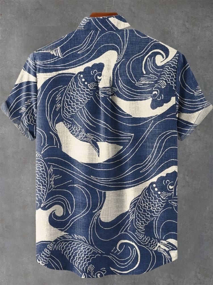 Waves Carp Japanese Ukiyo-e Art Print Casual Shirt