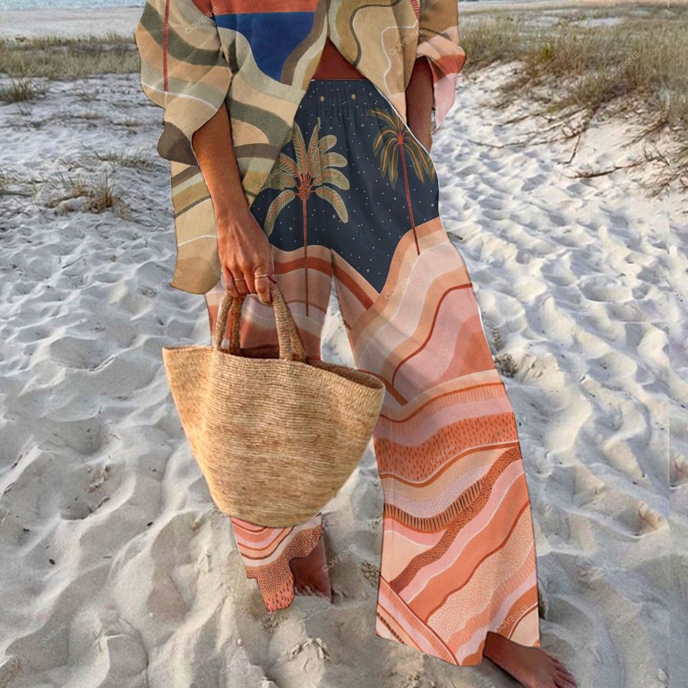 Sunset Palms Print Relaxed Two-Piece Set