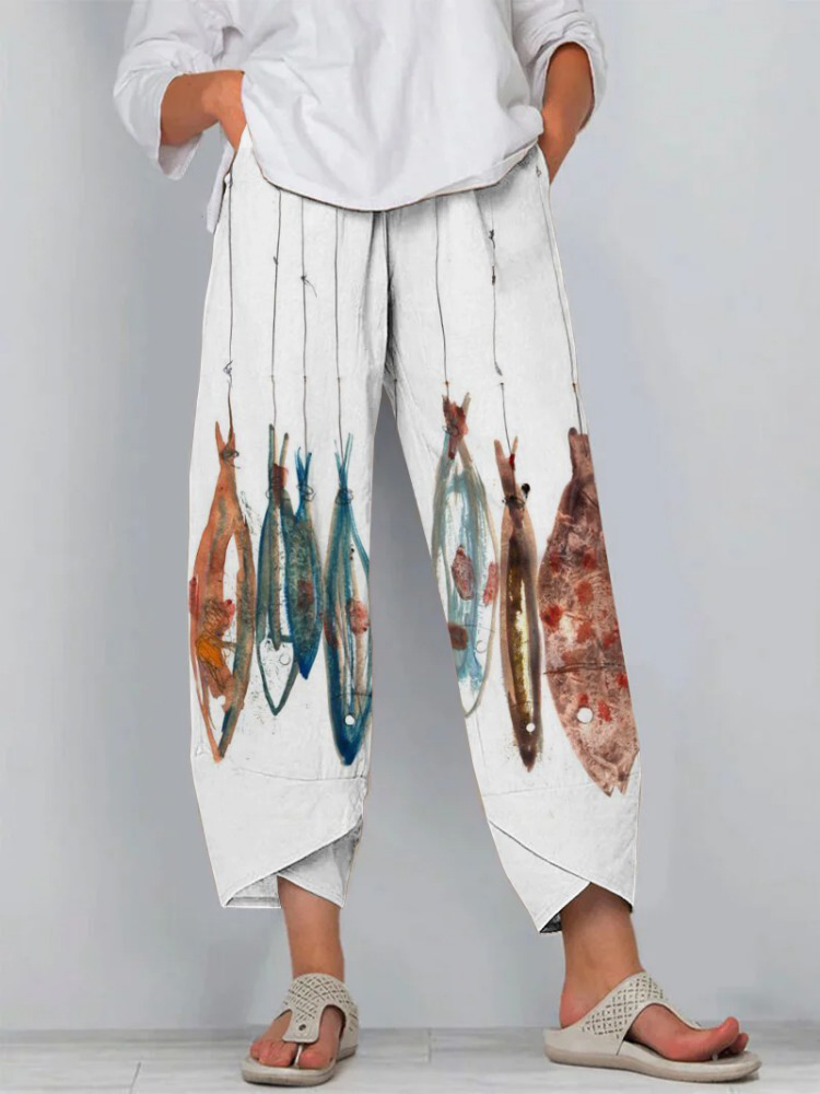 Retro Art Fish Cropped Casual Pants