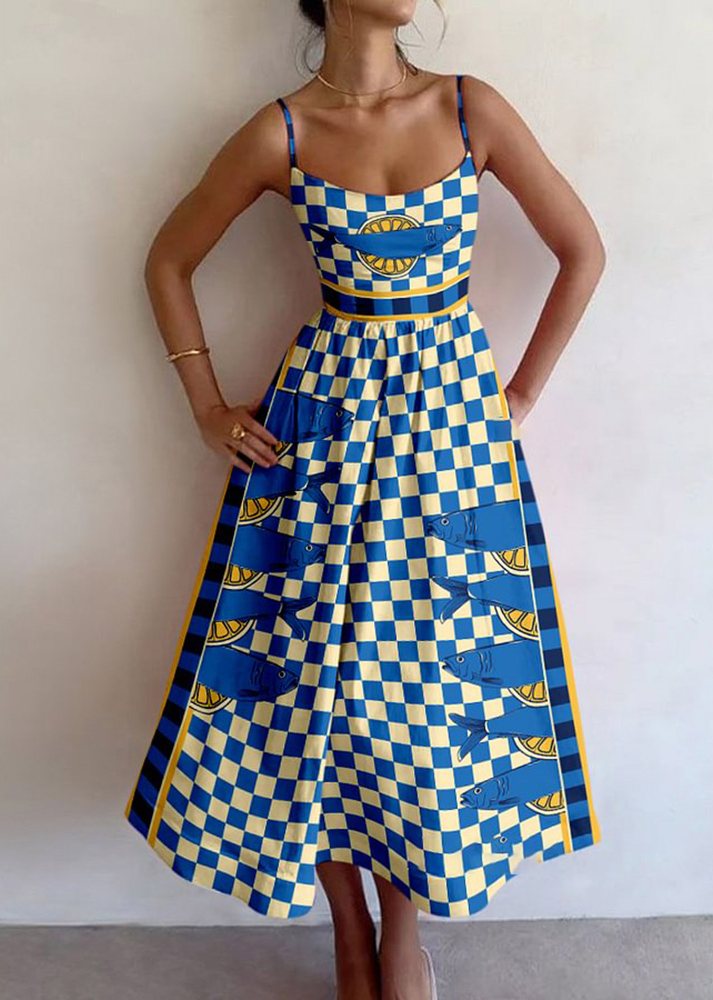 Vintage plaid fish print dress