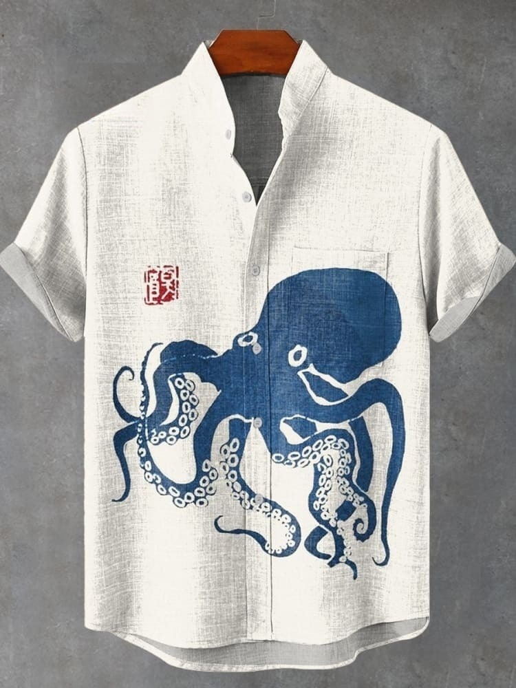 Octopus Japanese Linoleum Art Print Casual Shirt