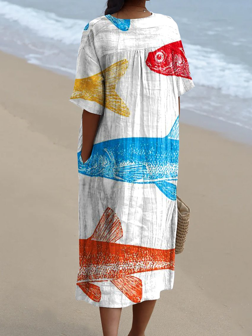 Women's Red, Yellow and Blue Fish Watercolor Splash Fluid Art Print Flowy Dress