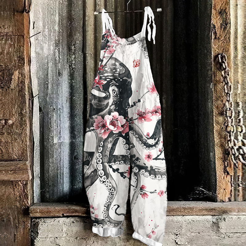 Vintage Loose Japanese Art Octopus Floral Print Jumpsuit