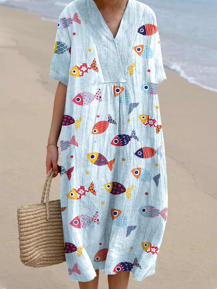 Women's Colorful Fish Pattern Linen Blend Dress