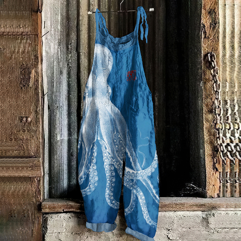 Vintage Octopus Japanese Art Print Loose Jumpsuit