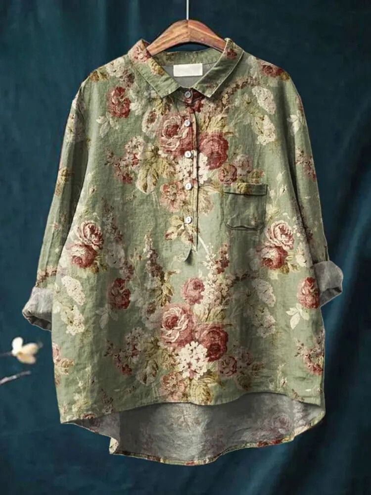 Women's Vintage Floral Art Print Casual Cotton And Linen Shirt