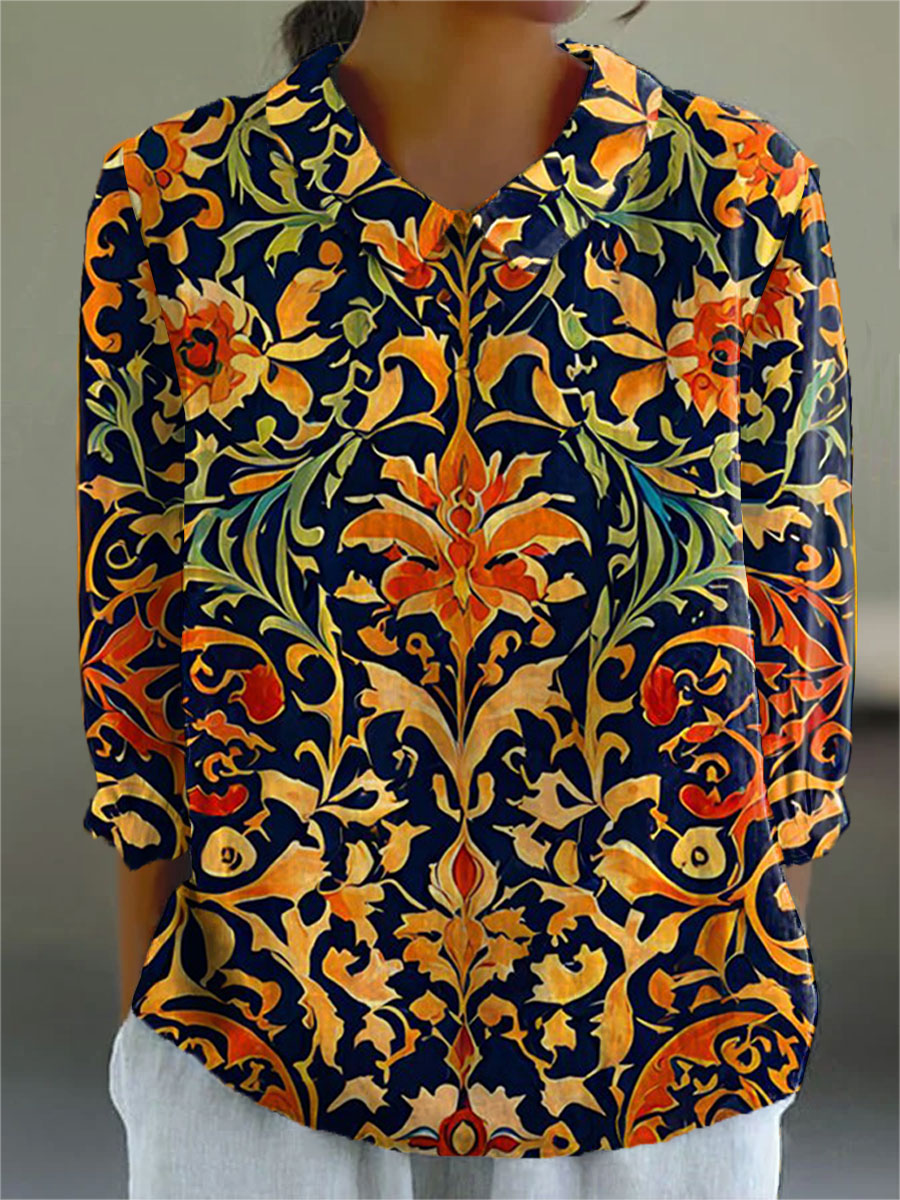 Women's Vintage Flower Art Print Casual 3/4 Sleeve Shirt