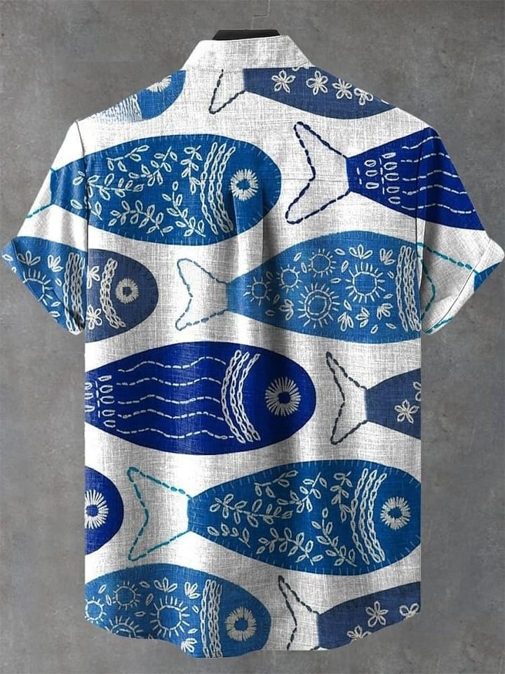 Vintage Fish Art Print Casual Shirt