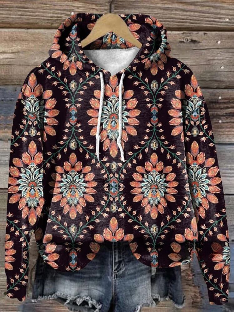 Retro Oval Flowers Art Print Casual Hoodie Sweatshirt