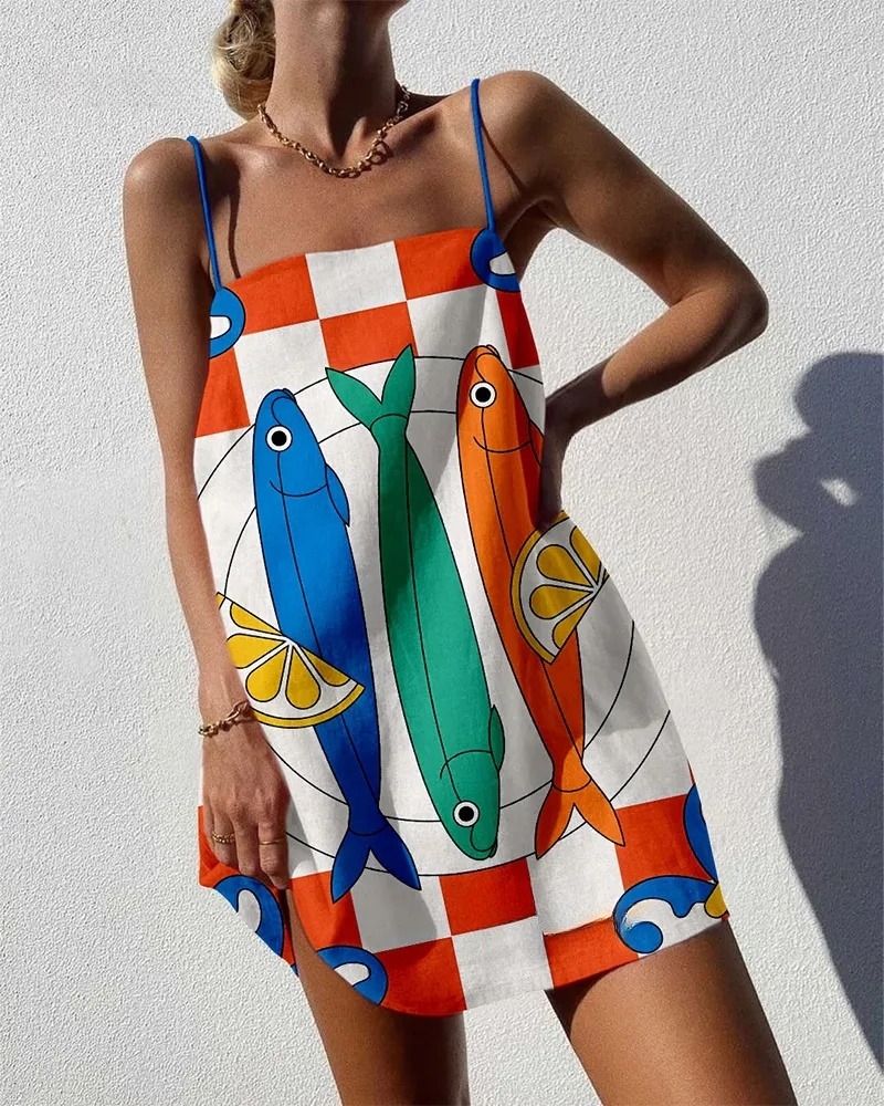 Fish Print Sling Mini Dress