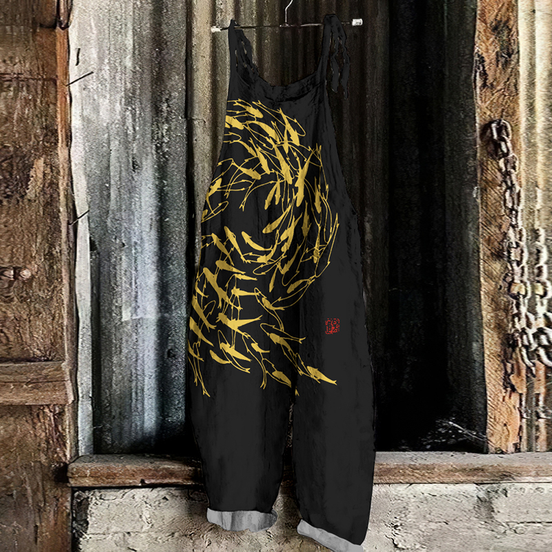 Vintage Flock Of Fish Graphic Painting Art Loose Jumpsuit