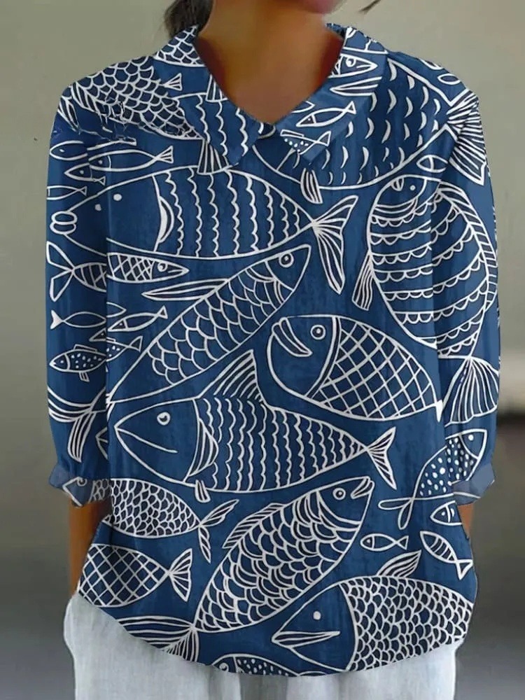 Women's Retro Line Fish Print Casual 3/4 Sleeve Shirt