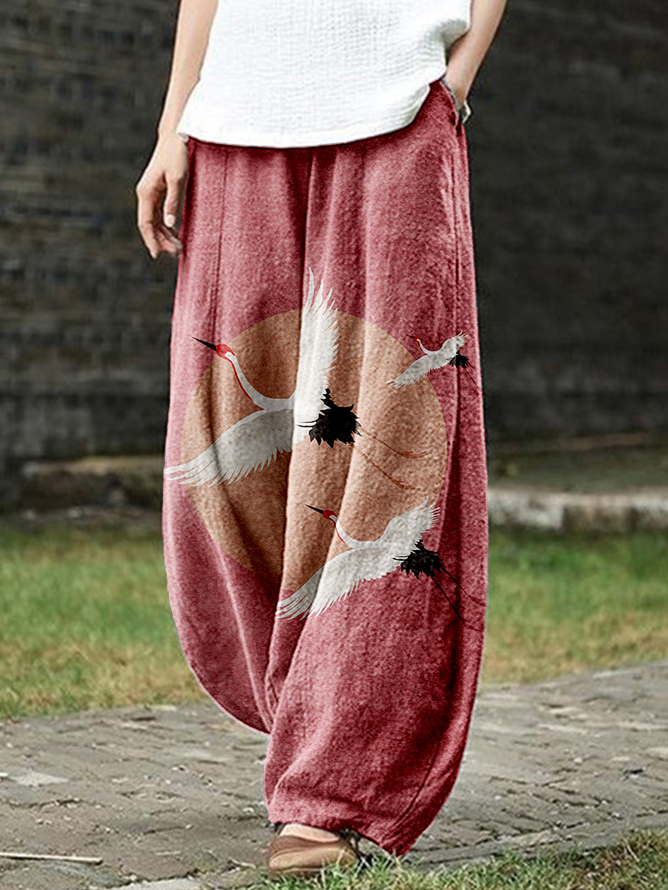 Flying Cranes Japanese Art Pattern Casual Pants