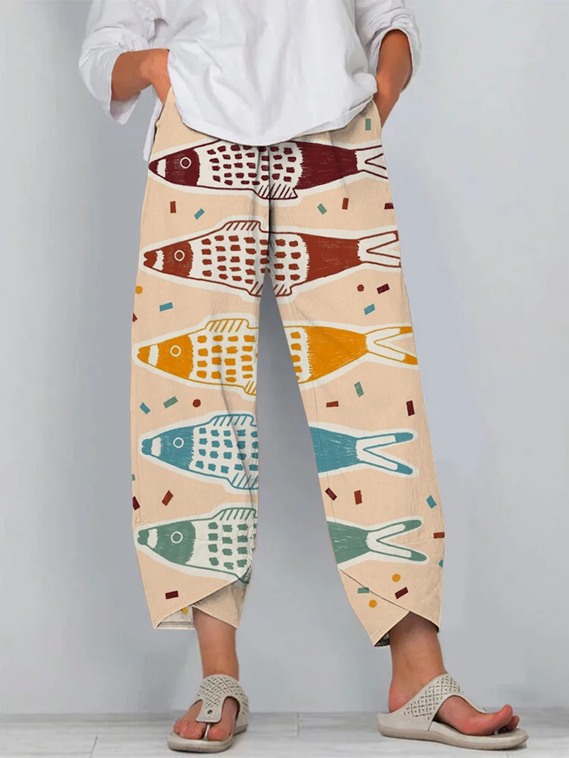 Japanese Multicolor Sardines Art Print Cropped Pants
