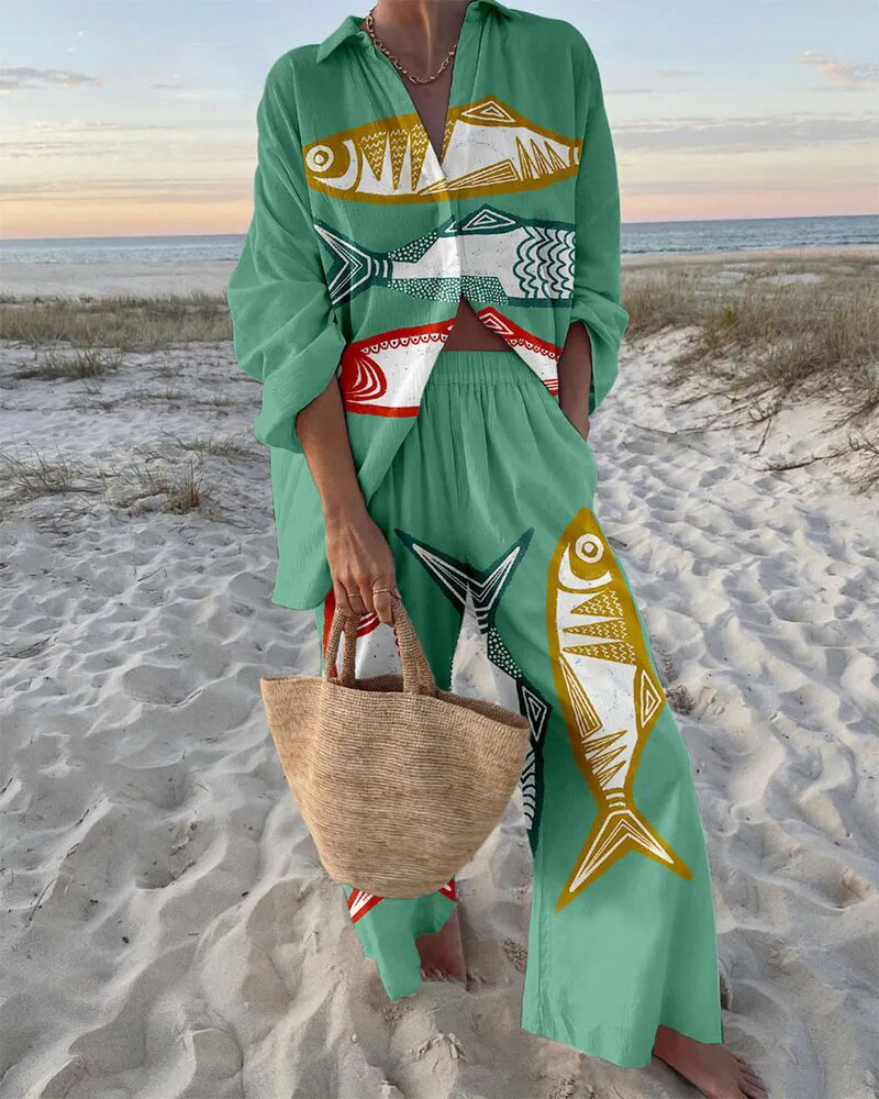 Holiday Colorful Fish Print Two-Piece Set