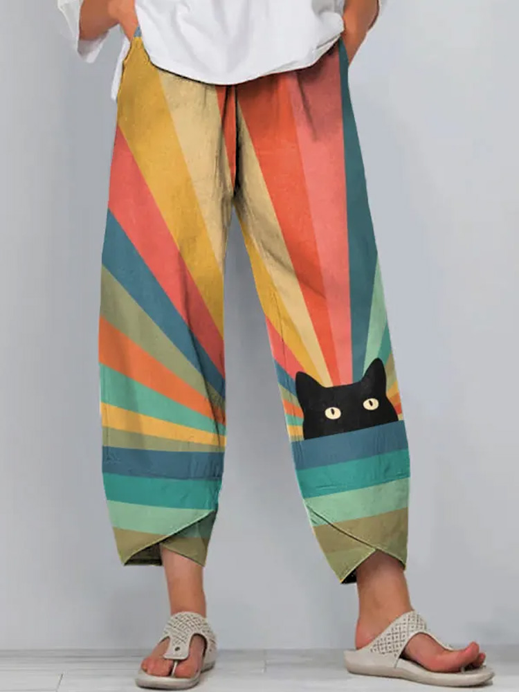 Japanese Art Rainbow Cat Print Pants