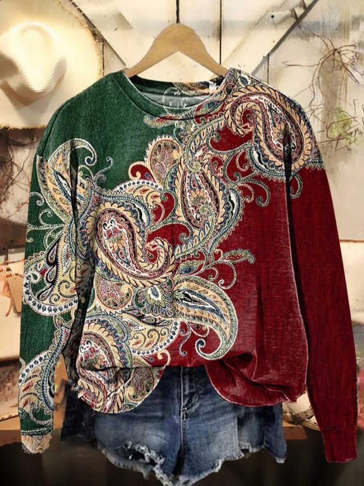 Retro Ethnic Paisley Red and Green Pattern Pattern Casual Sweatshirt