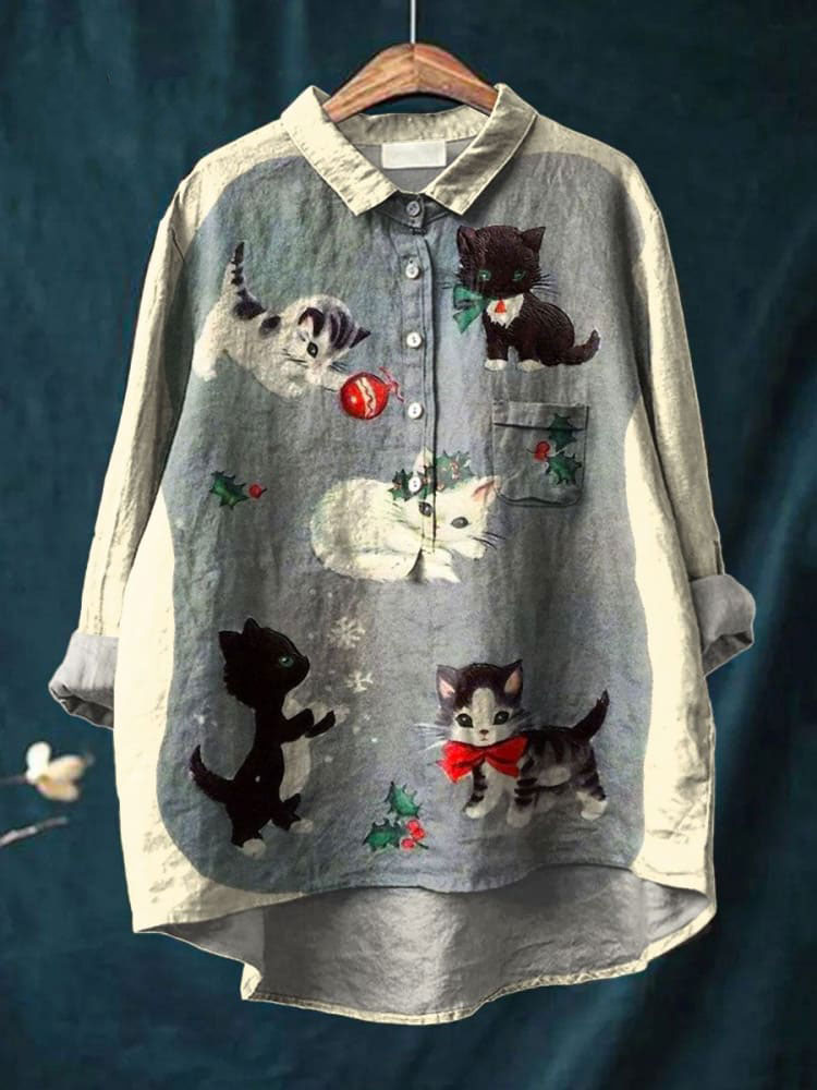 Vintage Lovely Cats Art Print Casual Cotton And Linen Shirt
