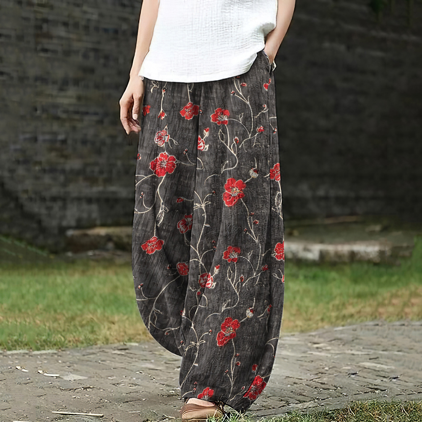 Japanese Art Flower Print Loose Pants