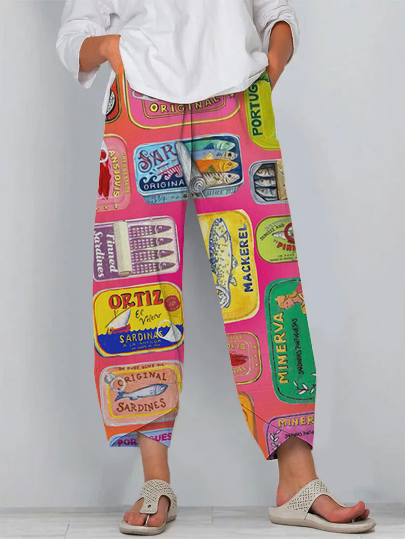 Vintage Sardines Can Print Loose Cropped Pants