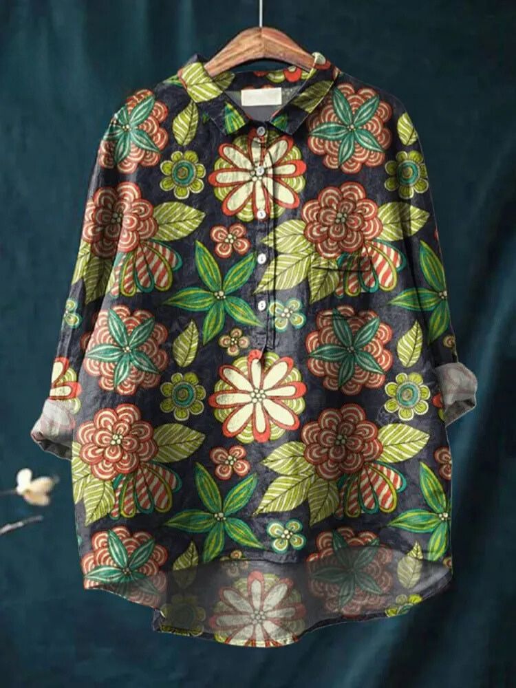 Women's Vintage Floral Art Print Casual Cotton And Linen Shirt