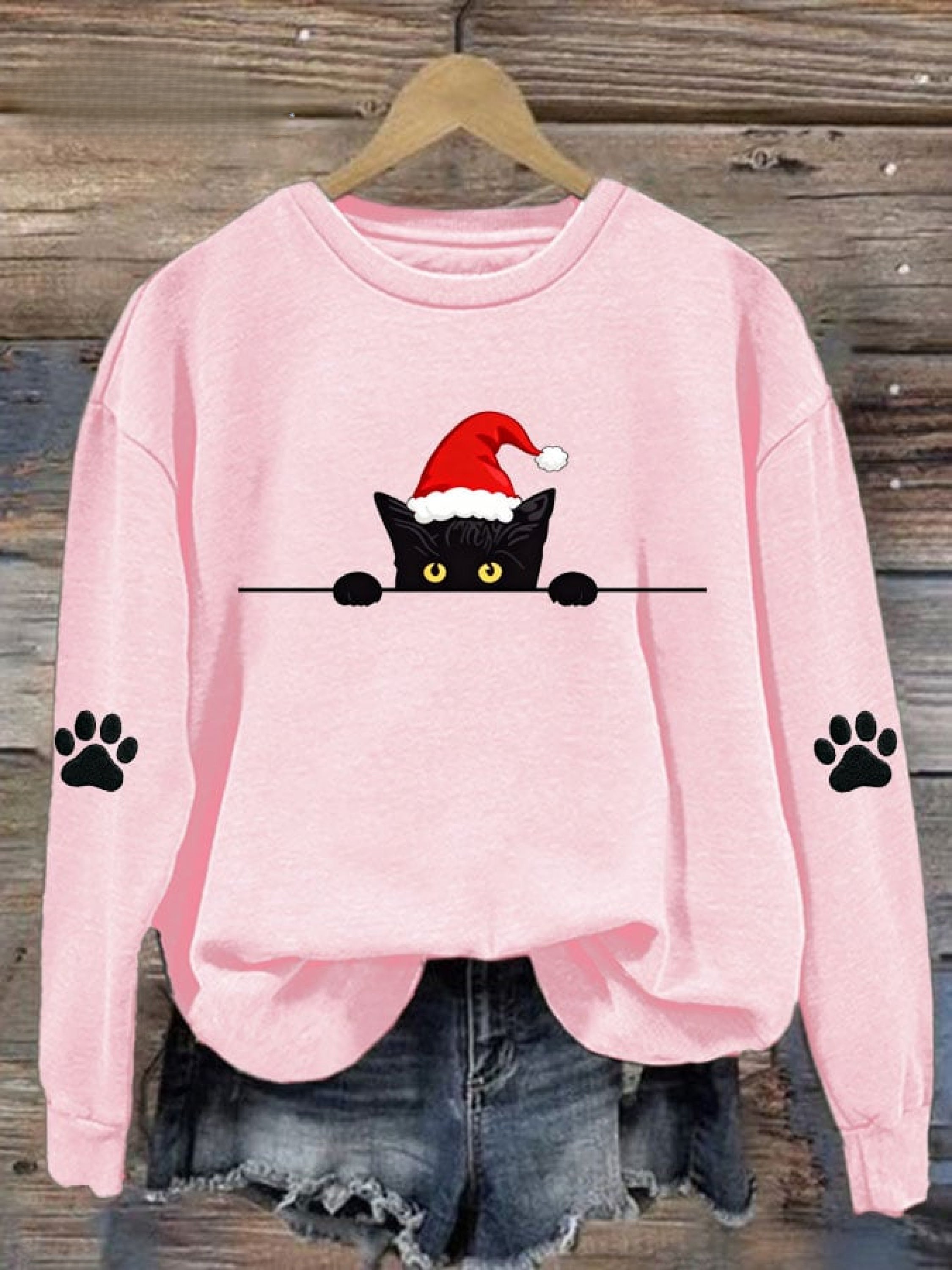 Women's Christmas Cat Printed Crew Neck Sweatshirt