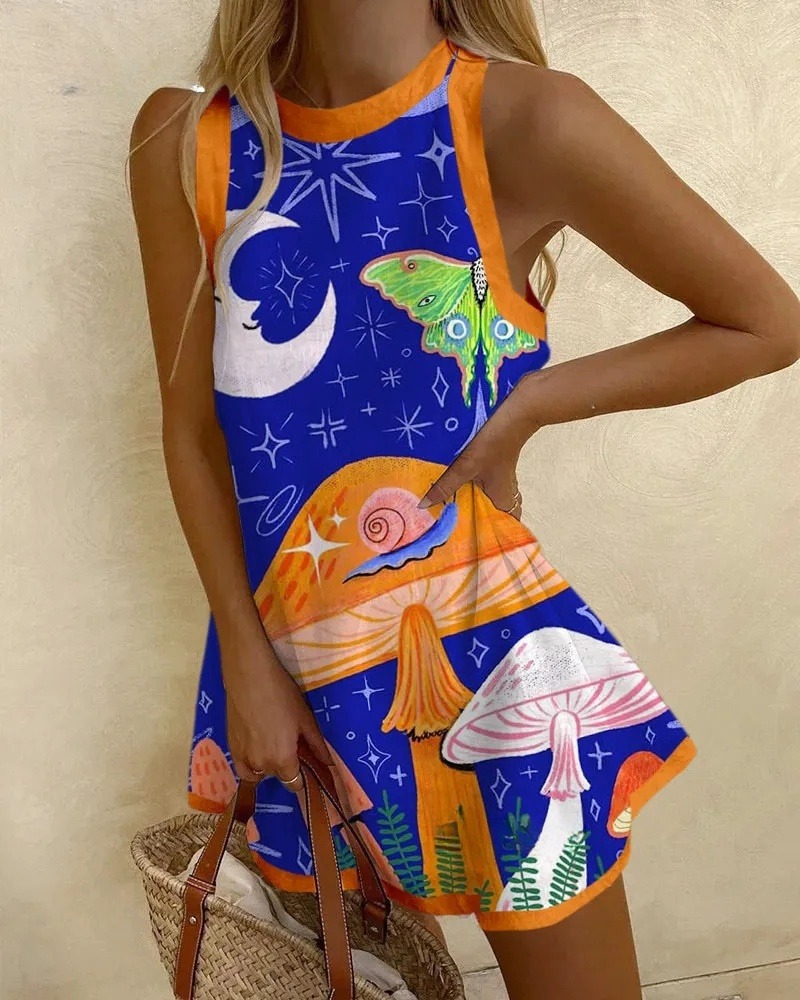 Mushroom Snail Print Sleeveless Mini Dress